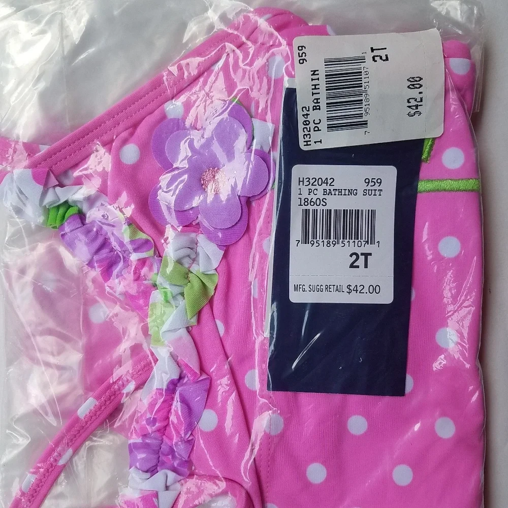 Hartstrings Girls‎ 2T Pink One Piece Swimsuit Polka Dot Ruffle Flower NWT